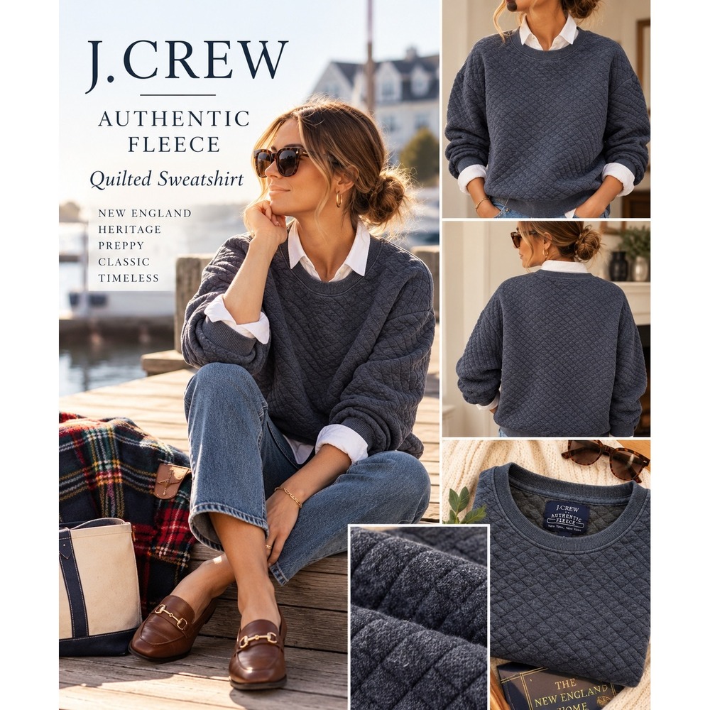 J.Crew Authentic Fleece Quilted Diamond Sweatshirt Navy Blue Mens Size Medium